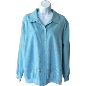 Graff Beaded Floral Button Front Blouse Ice Blue Collared Elastic Hem 90s M